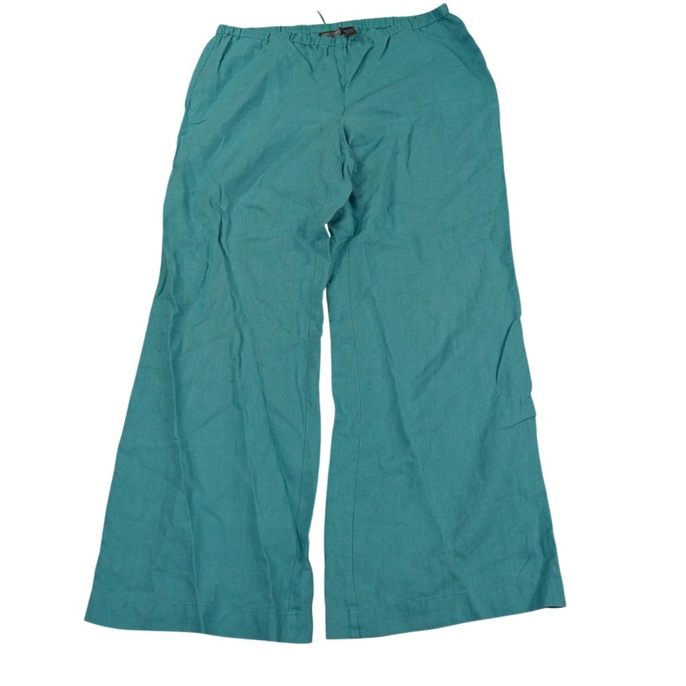 Chico's Linen Pants Women Size‎ 1 Teal Wide Leg Elastic Waist Additions Coastal